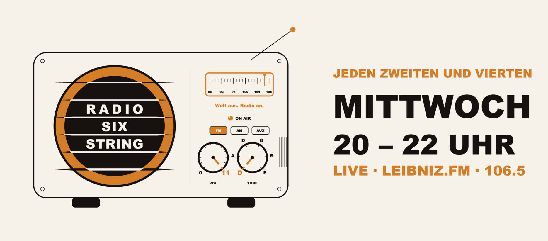 Banner: Bild: Logo Radio Six String. Musiksendung Mittwoch 20-22 Uhr